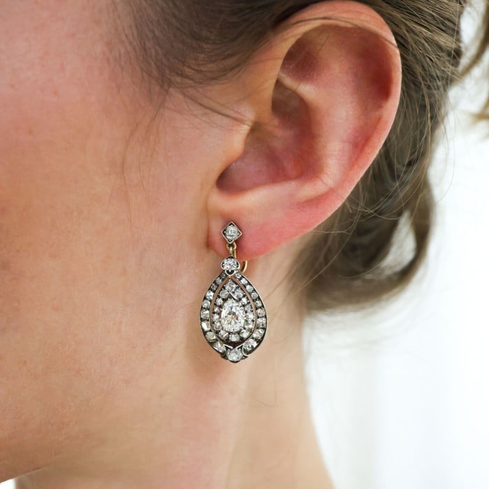 Antique Diamond and Silver Upon Gold Earrings, Circa 1870, Once Owned by Viscountess Gwladys Chaplin
