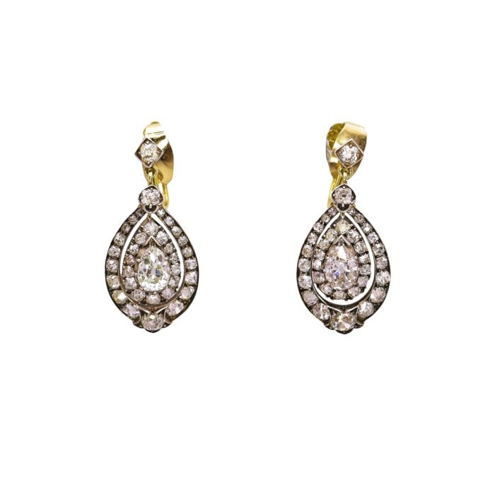 Antique Diamond and Silver Upon Gold Earrings, Circa 1870, Once Owned by Viscountess Gwladys Chaplin
