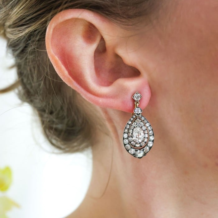Antique Diamond and Silver Upon Gold Earrings, Circa 1870, Once Owned by Viscountess Gwladys Chaplin