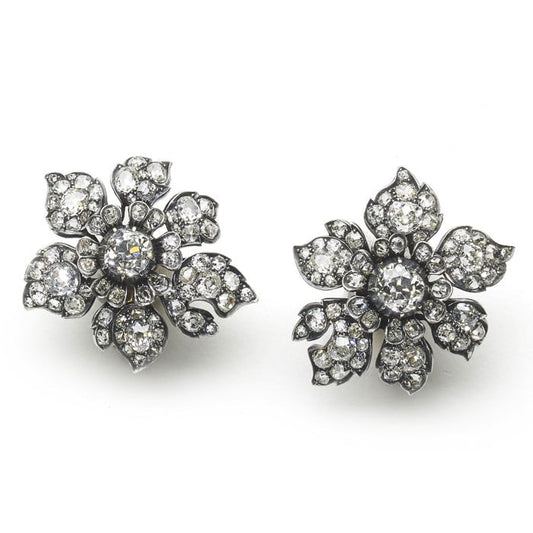 Antique Diamond and Silver-Upon-Gold Flower Earrings, Circa 1880, 9.00 Carats