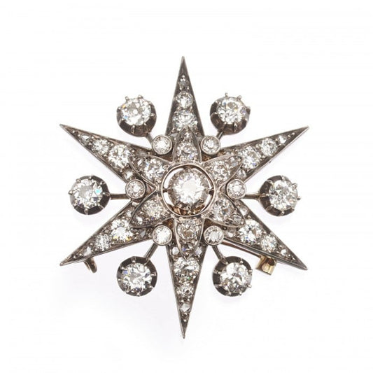 Antique Diamond and Silver Upon Gold Six Point Star Brooch and Hair Pin, With Rays, Circa 1905, 3.75 Carats