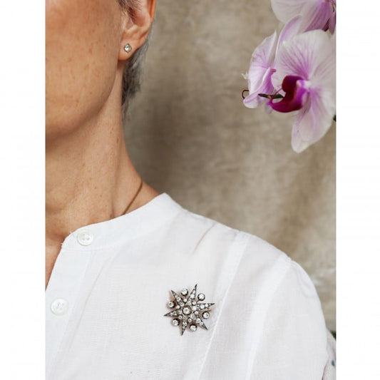 Antique Diamond and Silver Upon Gold Six Point Star Brooch and Hair Pin, With Rays, Circa 1905, 3.75 Carats
