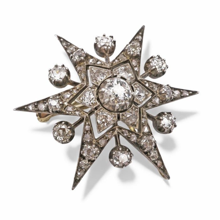 Antique Diamond and Silver Upon Gold Six Point Star Brooch, With Rays, Circa 1890