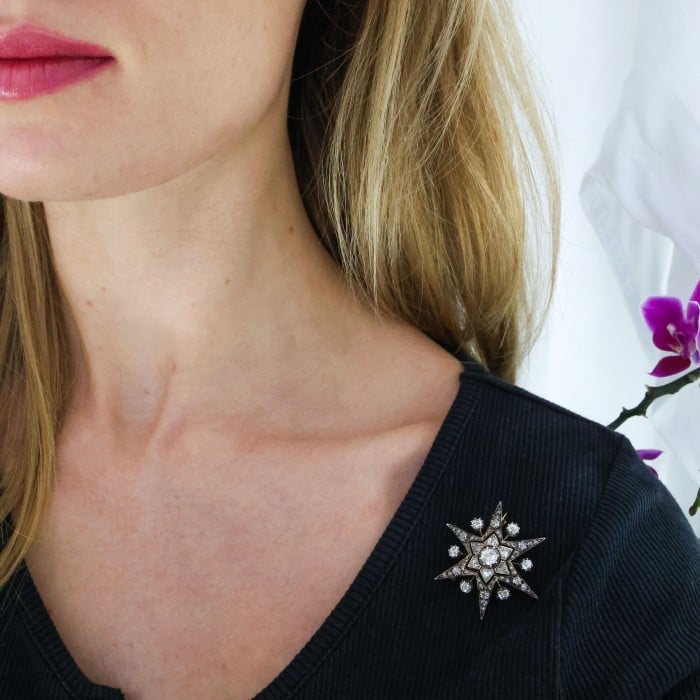 Antique Diamond and Silver Upon Gold Six Point Star Brooch, With Rays, Circa 1890