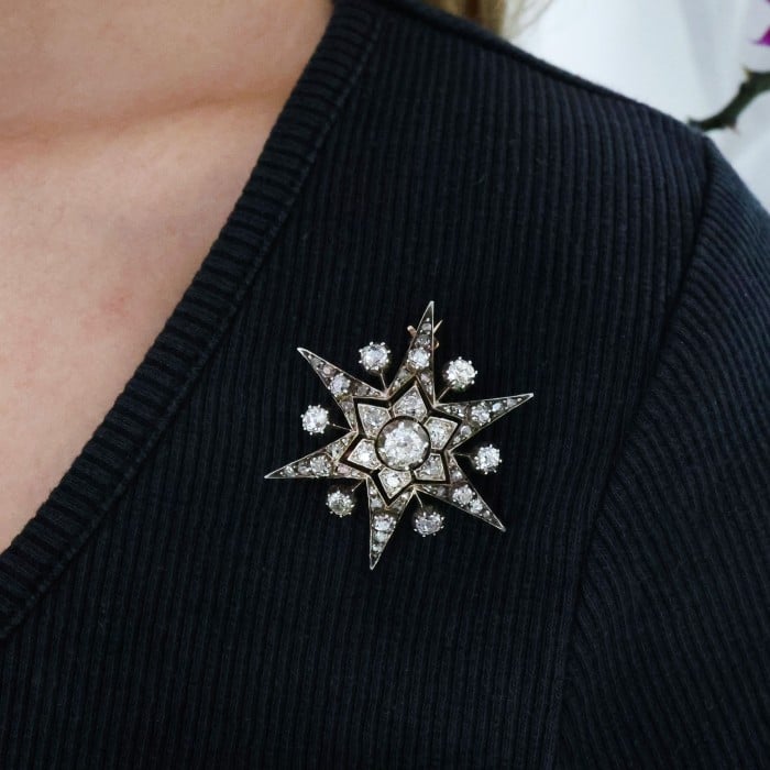 Antique Diamond and Silver Upon Gold Six Point Star Brooch, With Rays, Circa 1890