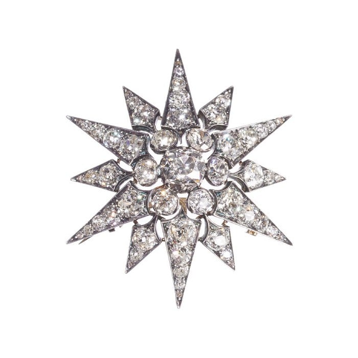 Antique Diamond and Silver Upon Gold Twelve Point Star Brooch, Circa 1880, 11.26 Carats