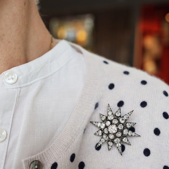 Antique Diamond and Silver Upon Gold Twelve Point Star Brooch, Circa 1880, 11.26 Carats