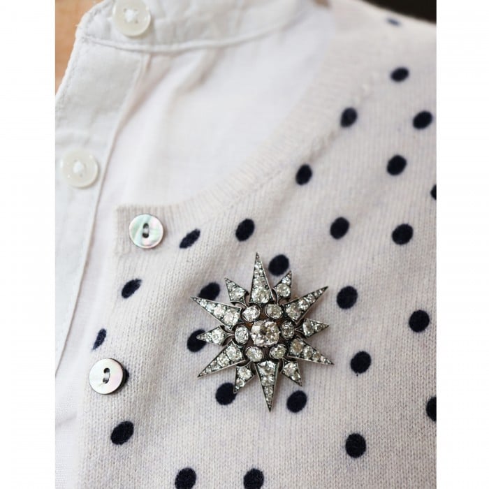 Antique Diamond and Silver Upon Gold Twelve Point Star Brooch, Circa 1880, 11.26 Carats