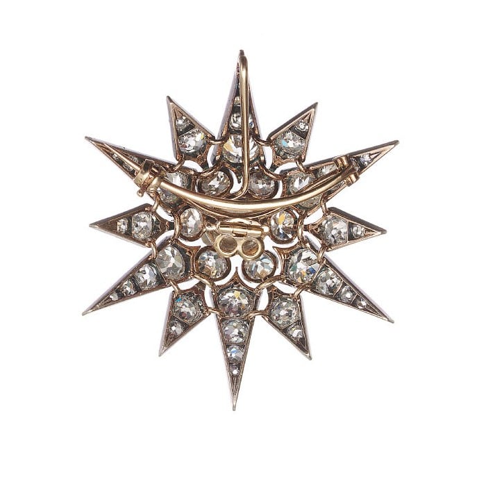 Antique Diamond and Silver Upon Gold Twelve Point Star Brooch, Circa 1880, 11.26 Carats