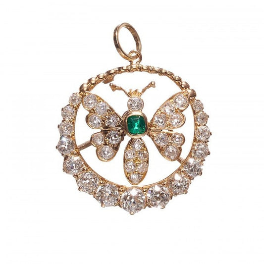 Antique Diamond Emerald and Gold Butterfly Pendant, Circa 1880