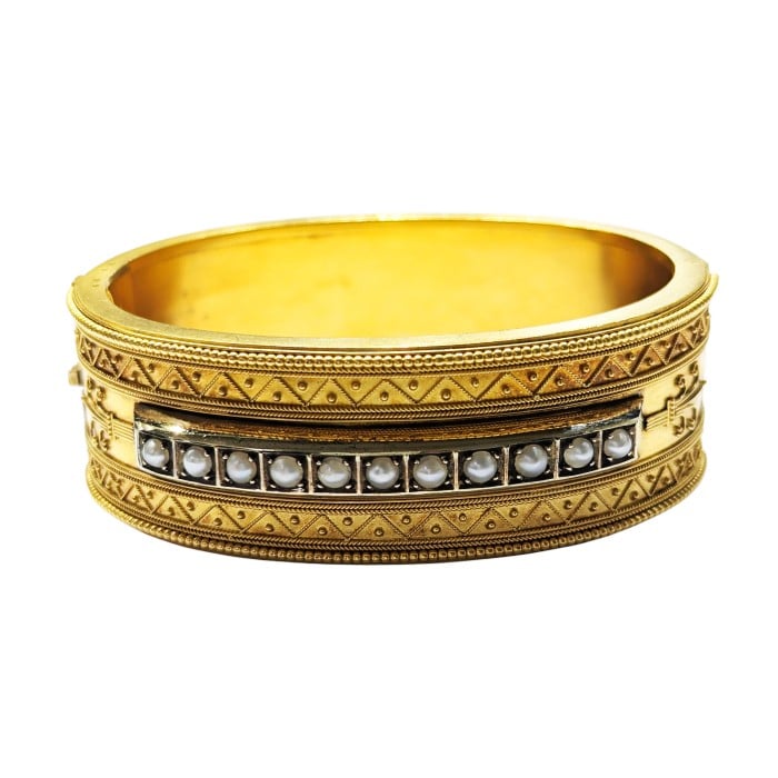 Antique Etruscan Revival Pearl and Gold Bangle, Circa 1875