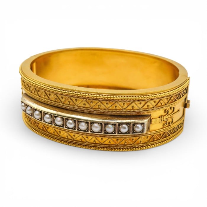 Antique Etruscan Revival Pearl and Gold Bangle, Circa 1875