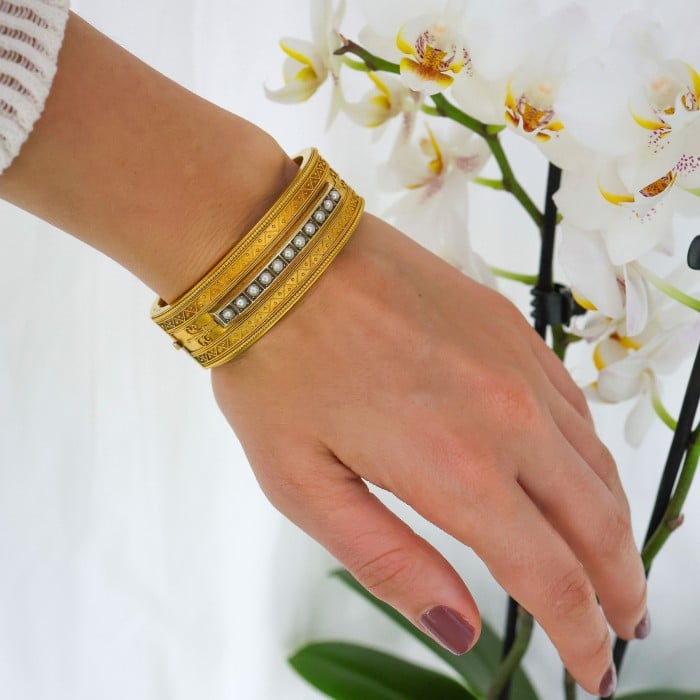Antique Etruscan Revival Pearl and Gold Bangle, Circa 1875