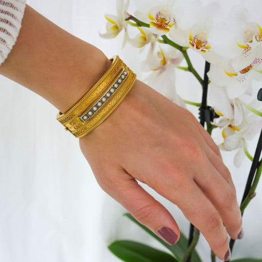 Antique Etruscan Revival Pearl and Gold Bangle, Circa 1875