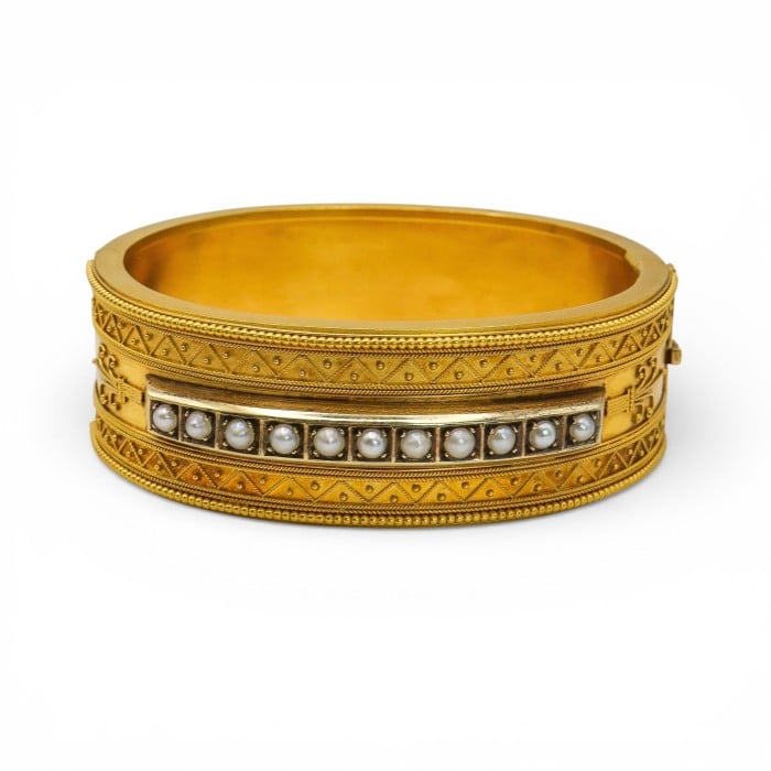 Antique Etruscan Revival Pearl and Gold Bangle, Circa 1875