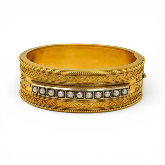 Antique Etruscan Revival Pearl and Gold Bangle, Circa 1875