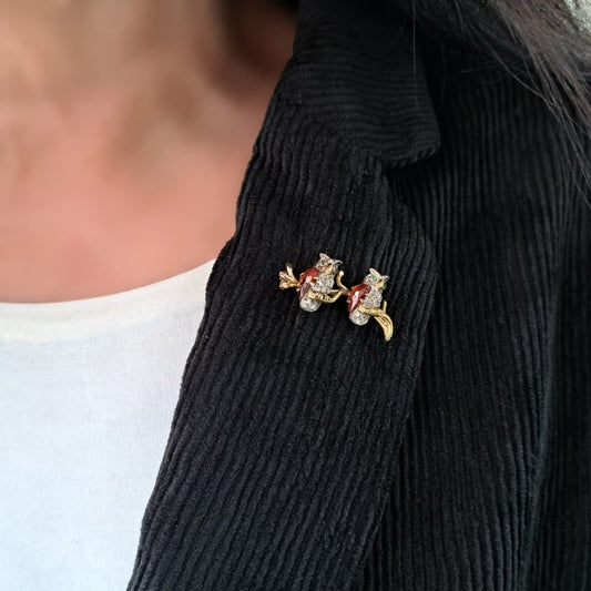 Antique French Double Owl Diamond Hessonite Garnet Emerald Silver and Gold Brooch