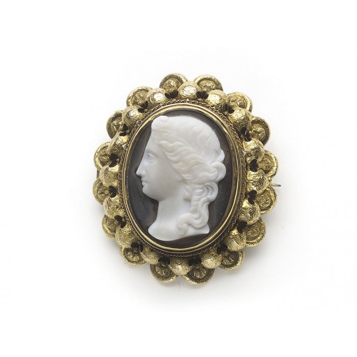 Antique Hardstone Sardonyx Cameo and Gold Brooch, Circa 1875