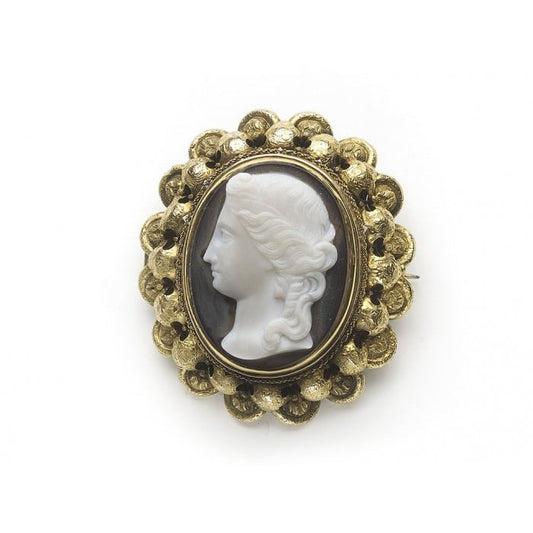Antique Hardstone Sardonyx Cameo and Gold Brooch, Circa 1875