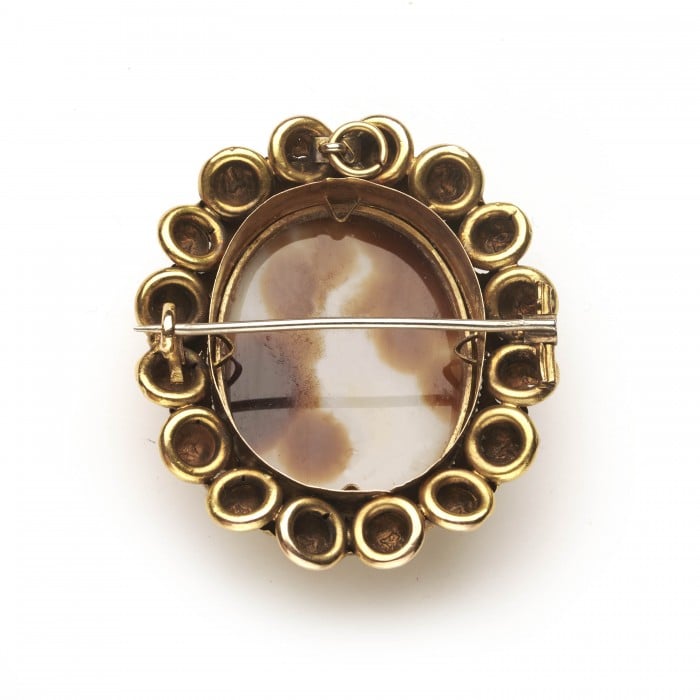 Antique Hardstone Sardonyx Cameo and Gold Brooch, Circa 1875