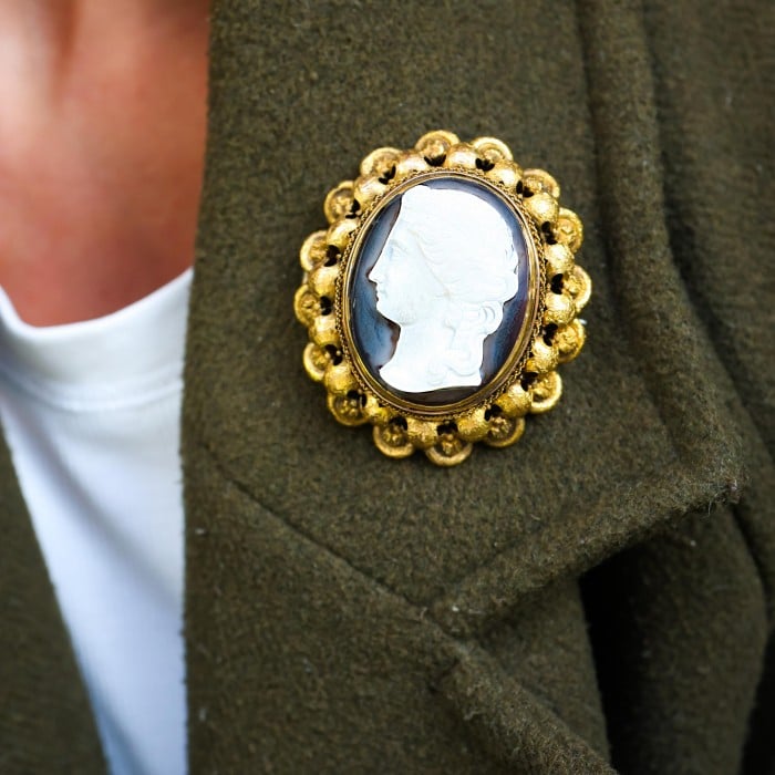Antique Hardstone Sardonyx Cameo and Gold Brooch, Circa 1875