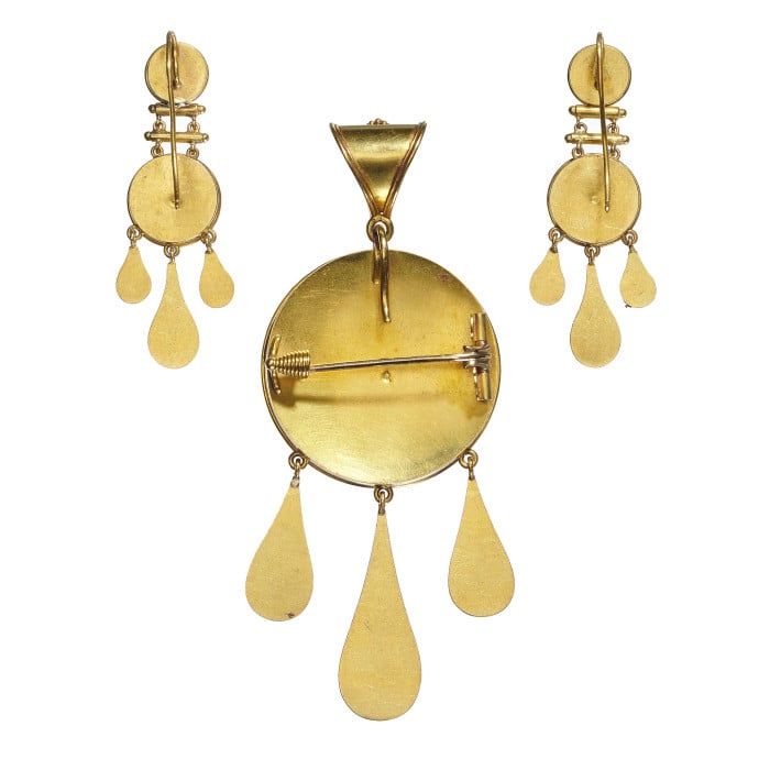 Antique Italian Micromosaic and Gold Brooch-Cum-Pendant and Earrings Suite, Circa 1850