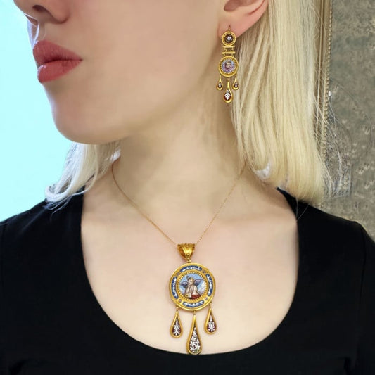 Antique Italian Micromosaic and Gold Brooch-Cum-Pendant and Earrings Suite, Circa 1850