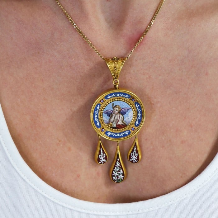 Antique Italian Micromosaic and Gold Brooch-Cum-Pendant and Earrings Suite, Circa 1850