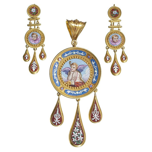 Antique Italian Micromosaic and Gold Brooch-Cum-Pendant and Earrings Suite, Circa 1850