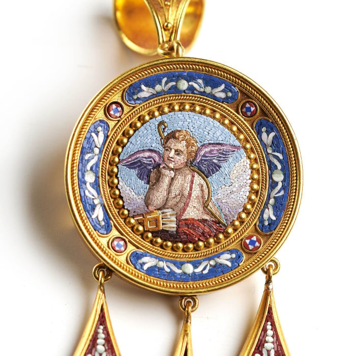Antique Italian Micromosaic and Gold Brooch-Cum-Pendant and Earrings Suite, Circa 1850