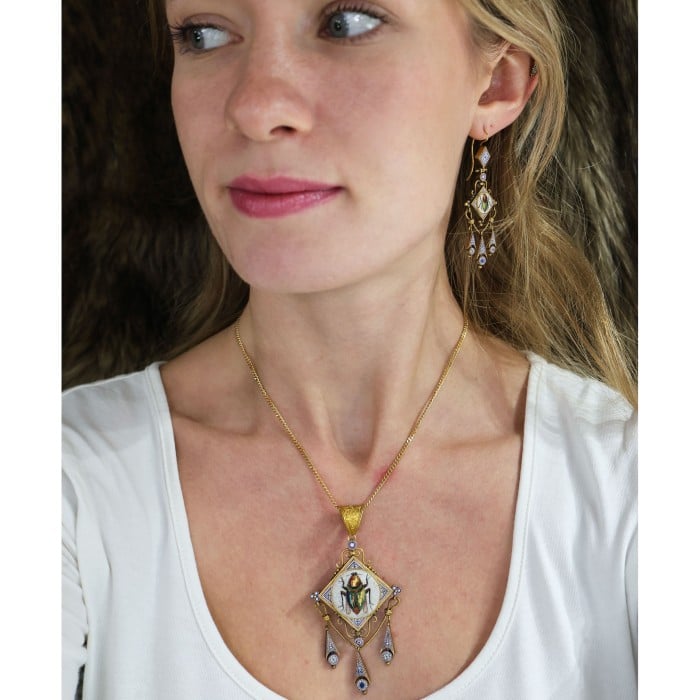 Antique Italian Micromosaic and Gold Brooch-Cum-Pendant and Earrings Suite, Circa 1870