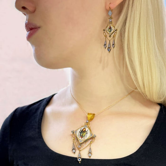 Antique Italian Micromosaic and Gold Brooch-Cum-Pendant and Earrings Suite, Circa 1870
