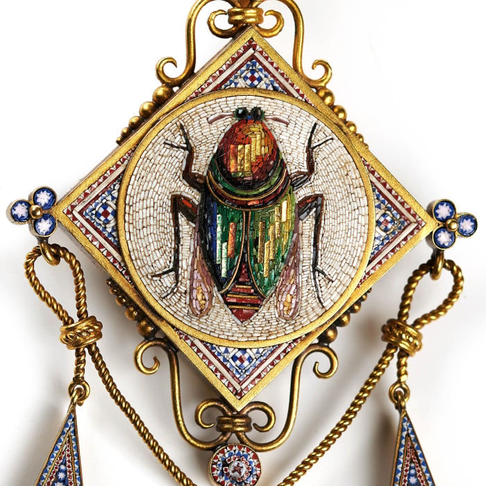 Antique Italian Micromosaic and Gold Brooch-Cum-Pendant and Earrings Suite, Circa 1870