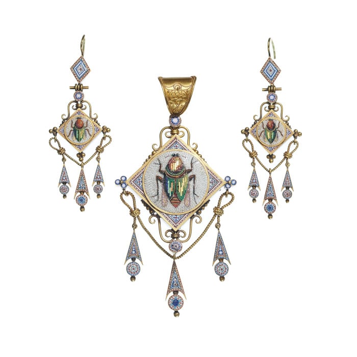 Antique Italian Micromosaic and Gold Brooch-Cum-Pendant and Earrings Suite, Circa 1870