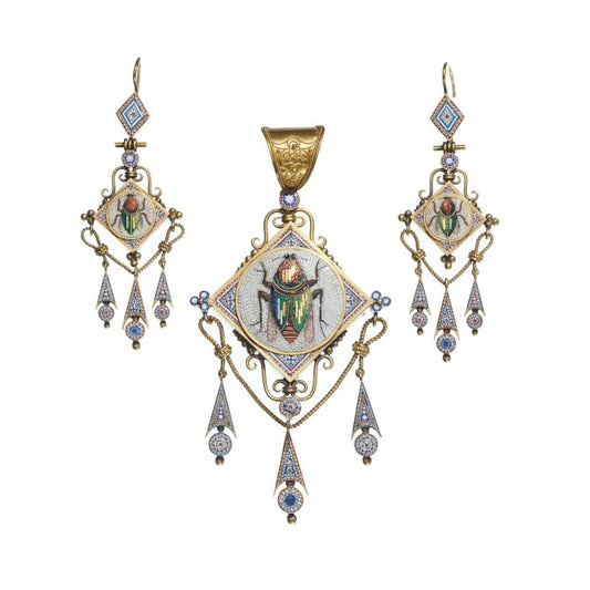 Antique Italian Micromosaic and Gold Brooch-Cum-Pendant and Earrings Suite, Circa 1870