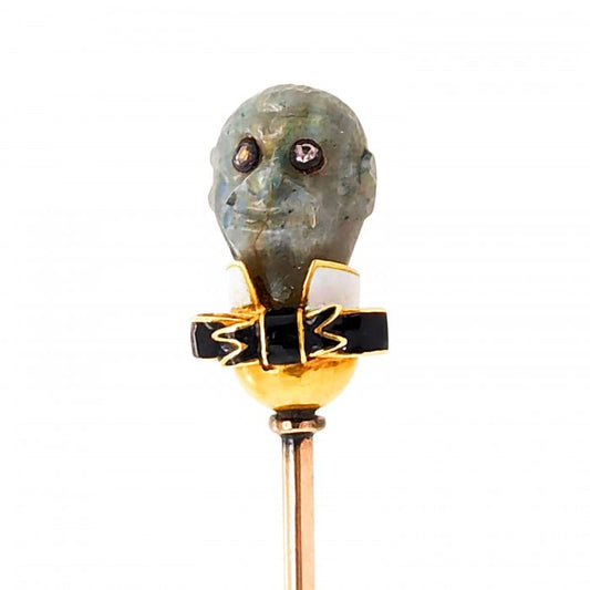 Antique Labradorite Diamond Enamel and Gold Monkey Head Stick Pin, Circa 1920