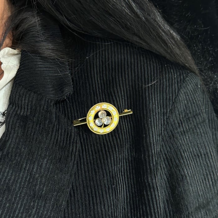 Antique Moonstone Natural Pearl Enamel and Gold Lucky Clover Brooch, Circa 1900