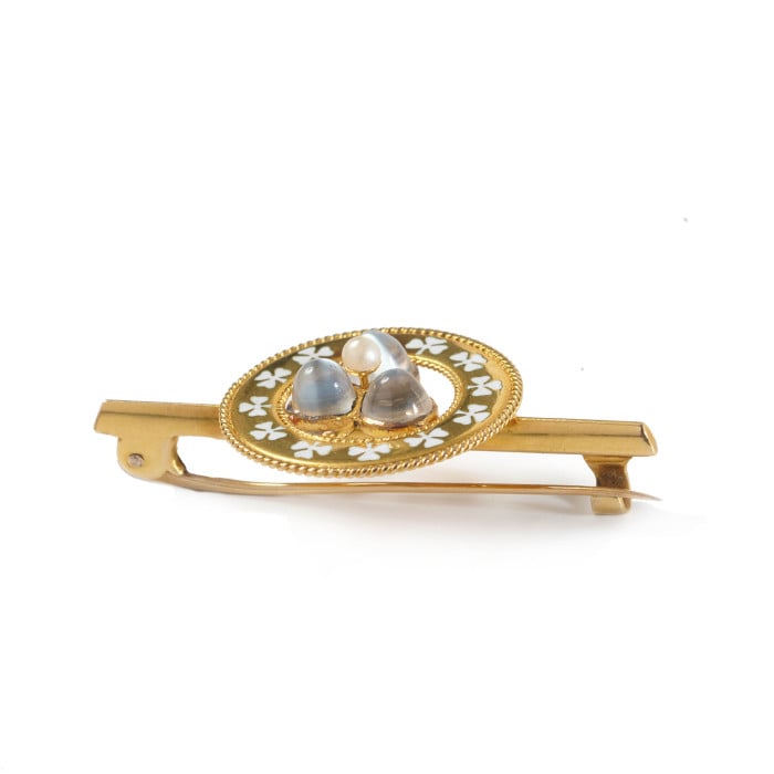 Antique Moonstone Natural Pearl Enamel and Gold Lucky Clover Brooch, Circa 1900