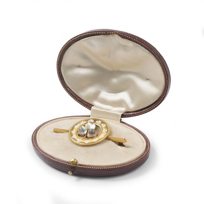 Antique Moonstone Natural Pearl Enamel and Gold Lucky Clover Brooch, Circa 1900