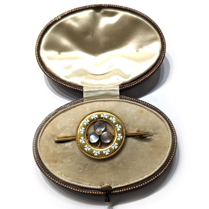 Antique Moonstone Natural Pearl Enamel and Gold Lucky Clover Brooch, Circa 1900
