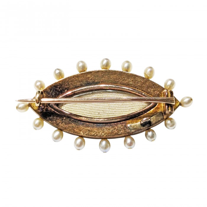 Antique Natural Pearl Diamond Green and White Enamel Gold and Silver Brooch, Circa 1880