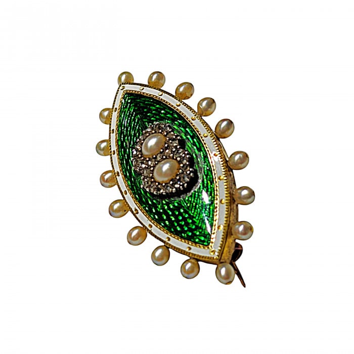 Antique Natural Pearl Diamond Green and White Enamel Gold and Silver Brooch, Circa 1880
