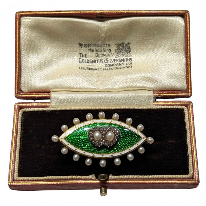 Antique Natural Pearl Diamond Green and White Enamel Gold and Silver Brooch, Circa 1880