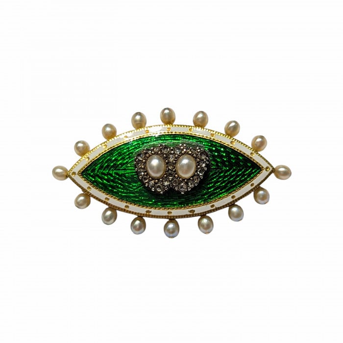 Antique Natural Pearl Diamond Green and White Enamel Gold and Silver Brooch, Circa 1880