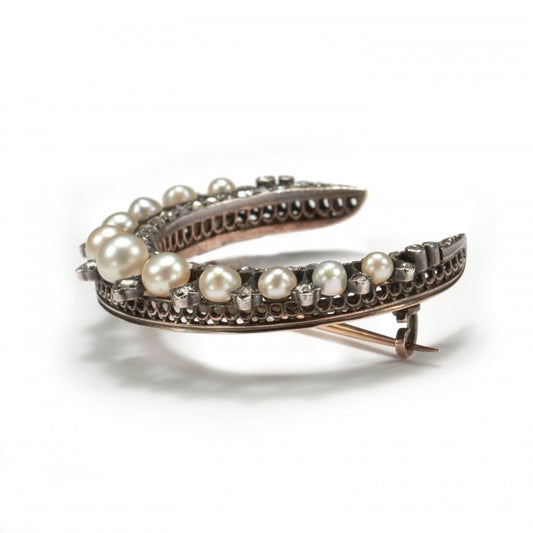 Antique Natural Pearl Rose Cut Diamond Silver Upon Gold Crescent Brooch, Circa 1890