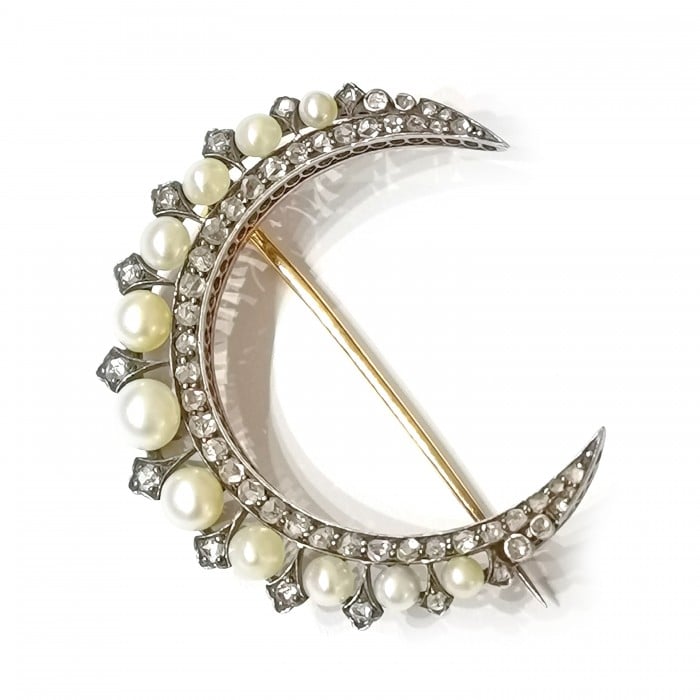 Antique Natural Pearl Rose Cut Diamond Silver Upon Gold Crescent Brooch, Circa 1890