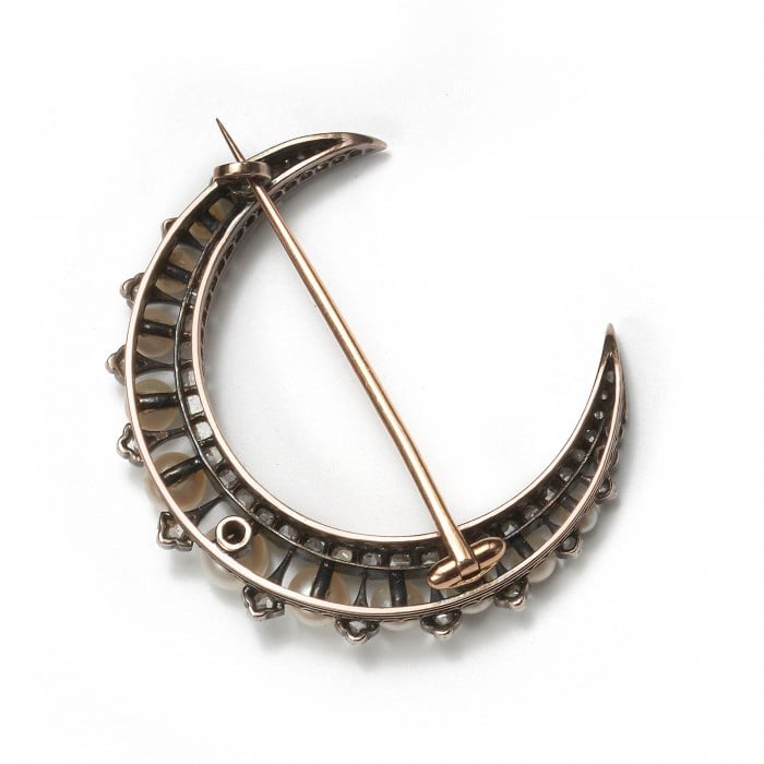 Antique Natural Pearl Rose Cut Diamond Silver Upon Gold Crescent Brooch, Circa 1890