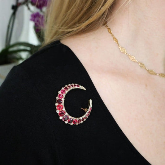 Antique Natural Red Spinel Diamond and Gold Crescent Brooch, Circa 1890