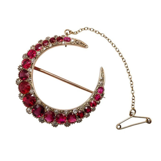 Antique Natural Red Spinel Diamond and Gold Crescent Brooch, Circa 1890