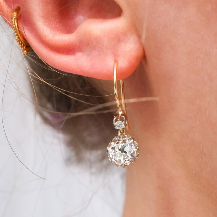 Antique Old-Cut Diamond Platinum and Gold Drop Earrings, 2.60ct, Circa 1910